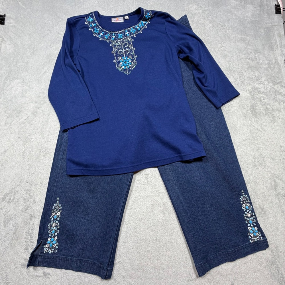 Vintage 2000s Navy Blue Cotton Blend Beaded Tunic & Crop Pant Set Size‎ L